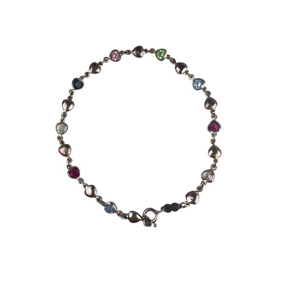Sterling Silver Anklet 9.75" Glass Colored Heart Chain - Picture 1 of 8